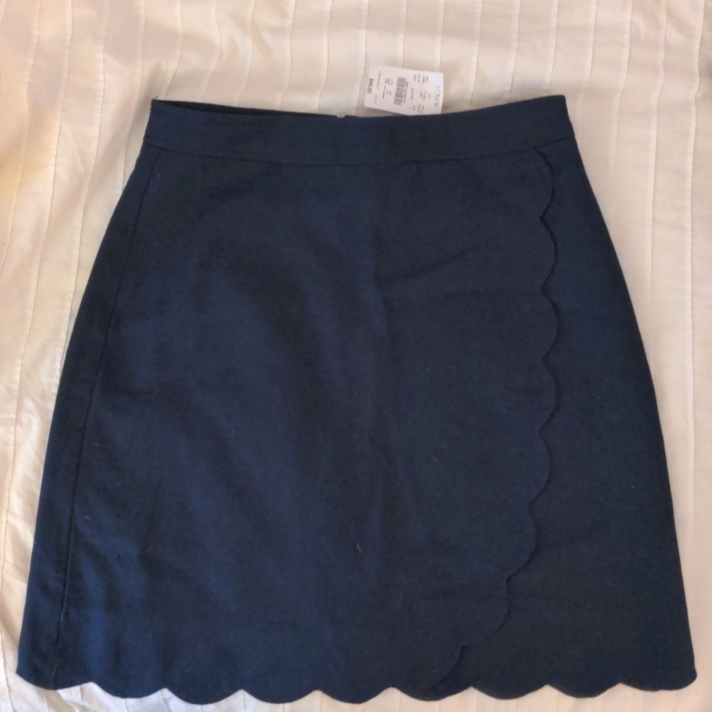 JCrew Navy Faux Wrap skirt with scalloped edge, size 0